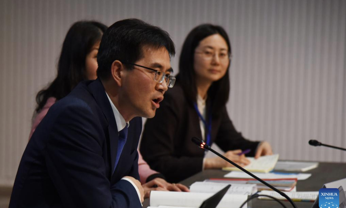 Wang Daxue, deputy director general of the arms control department in China's Foreign Affairs Ministry and also head of the Chinese delegation to the 30th session of the Conference of the States Parties to the Chemical Weapons Convention (CSP-30), delivers a speech at a side event hosted by the Chinese delegation in The Hague, the Netherlands, on Nov. 24, 2025. The CSP-30 opened here on Monday. China has appealed to all states parties of the Organization for the Prohibition of Chemical Weapons (OPCW) to advance true multilateralism and enhance solidarity and cooperation. (Xinhua)