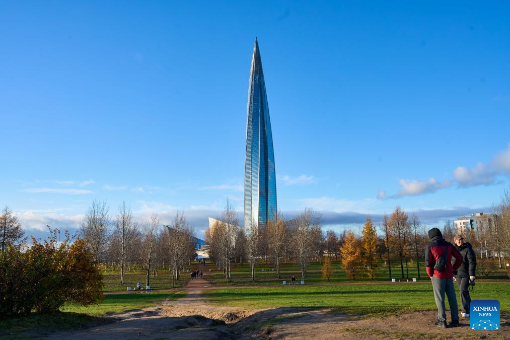 This photo taken on Nov. 4, 2025 shows the Lakhta Center in St. Petersburg, Russia. The Lakhta Center is located in St. Petersburg, Russia. With a height of 462 meters, it ranks as the tallest building in Russia. (Photo by Guo Feizhou/Xinhua)
