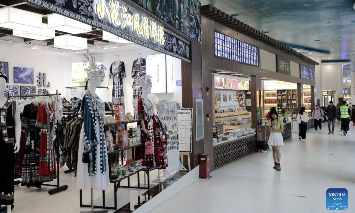 This photo taken on Nov. 6, 2025 shows shops at the Yundu service area of the Huajiang Grand Canyon Bridge in southwest China's Guizhou Province. The Huajiang Grand Canyon Bridge, soaring 625 meters above the Beipan River in Guizhou's mountainous terrain, is the world's highest bridge. The nearby Yundu service area features a comprehensive complex that integrates bridge viewing, sports experiences and other tourism services. (Xinhua/Ou Dongqu)