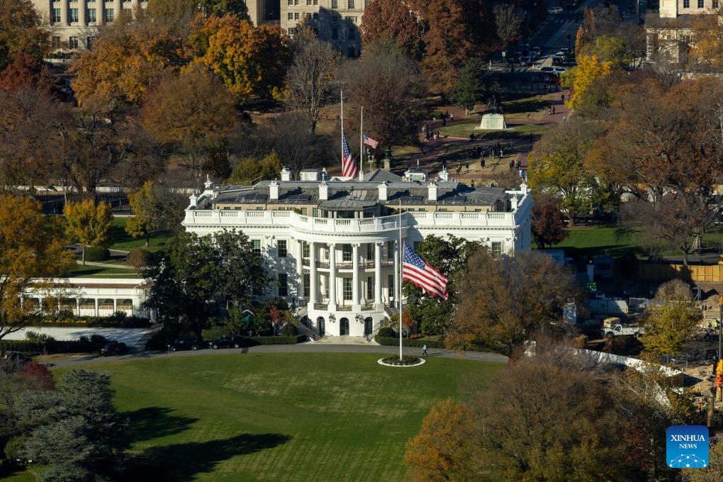 The photo taken from atop of the Washington Monument on Nov. 17, 2025 shows the White House, in Washington, D.C., the United States. (Xinhua/Hu Yousong)