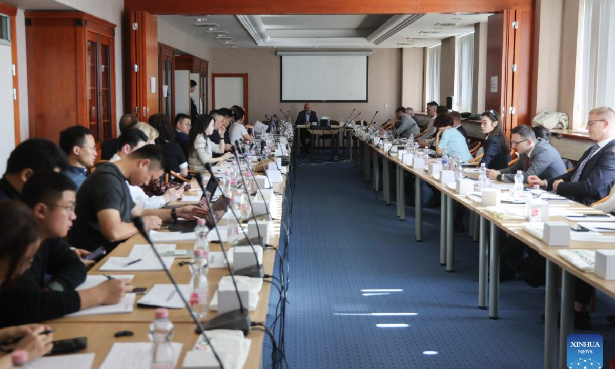 This photo taken on Nov. 5, 2025 shows the scene of the Hungary Battery Recycling Cooperation Workshop in Budapest, Hungary. Officials and experts from Hungary and China attending the workshop here on Wednesday agreed that there are vast opportunities for cooperation in battery recycling and new energy for the two countries. (Photo by Attila Volgyi/Xinhua)