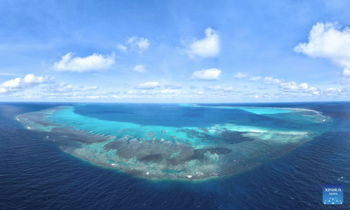 An aerial drone photo taken on Nov. 14, 2025 shows a panoramic view of China's Huangyan Dao in the South China Sea. Huangyan Dao is part of China's Zhongsha Qundao with diverse natural ecosystem. (Xinhua/Bei He)