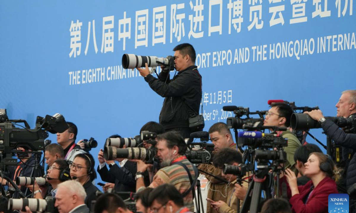 Photojournalists work at the opening ceremony of the eighth China International Import Expo (CIIE) and the Hongqiao International Economic Forum in Shanghai, east China, Nov. 5, 2025.

The eighth CIIE and Hongqiao International Economic Forum opened here on Wednesday. (Xinhua/Ren Pengfei)