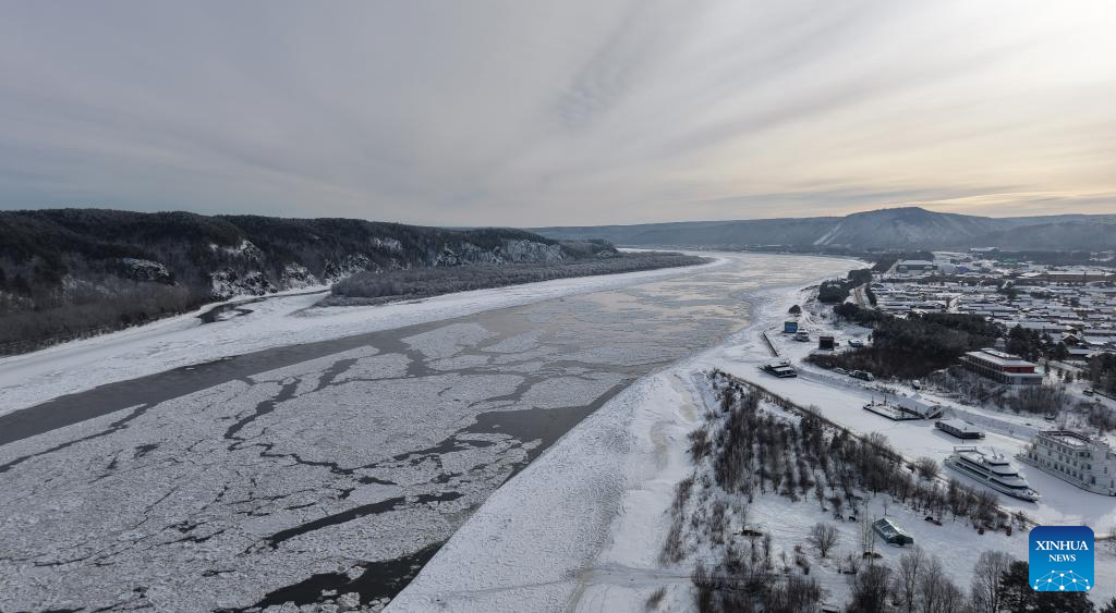An aerial drone photo taken on Nov. 11, 2025 shows the scenery of ice flow on the Mohe section of the Heilongjiang River in northeast China's Heilongjiang Province. (Photo by Liang Zhiqiang/Xinhua)