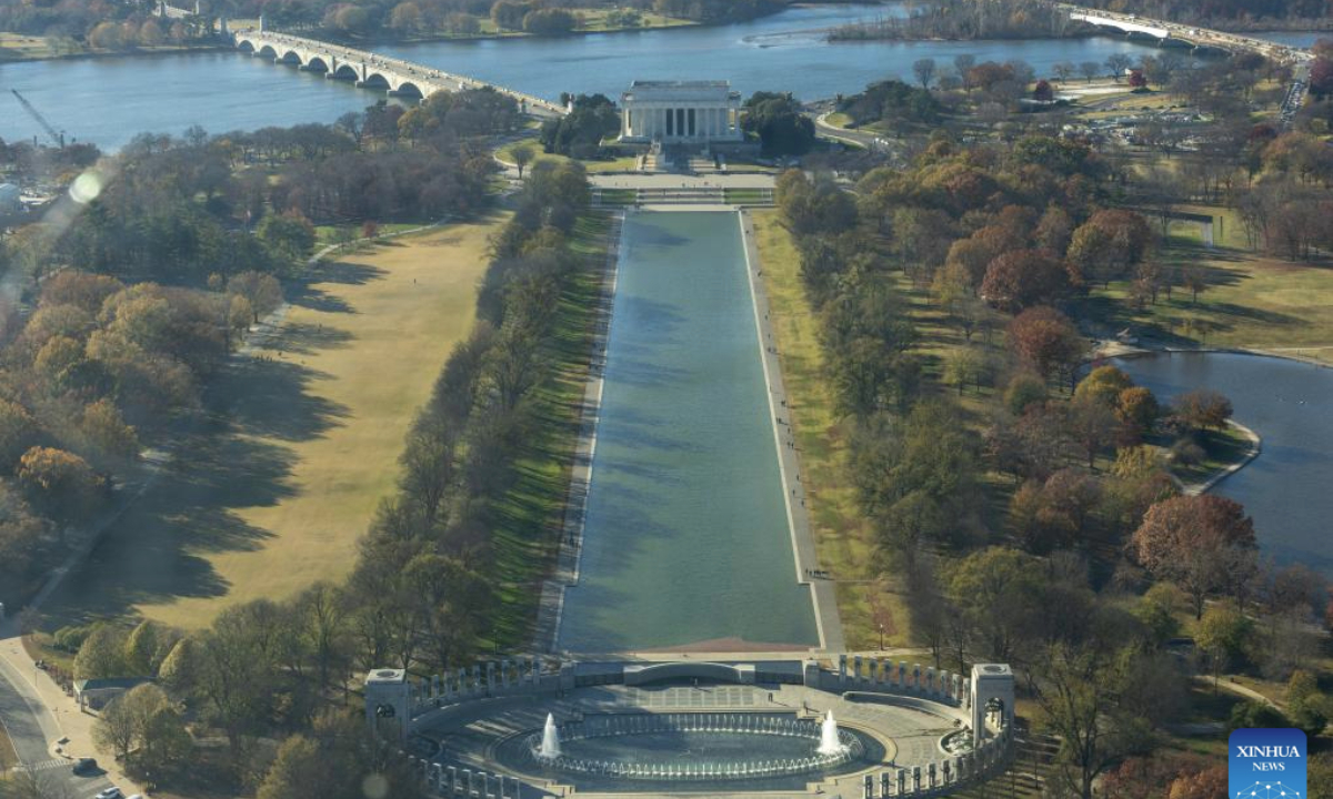 The photo taken from atop the Washington Monument on Nov. 17, 2025 shows the National Mall and Lincoln Memorial in Washington, D.C., the United States. (Xinhua/Hu Yousong)