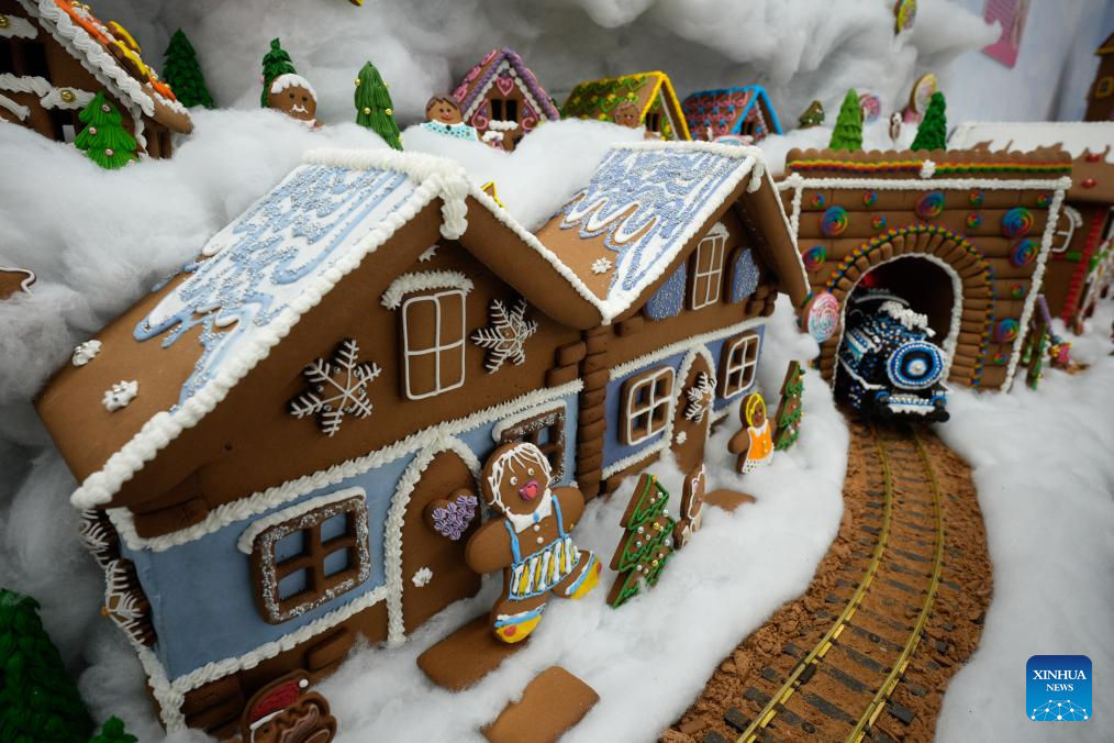 Houses and a train made from gingerbread and coloured sugar are seen at the Gingerbread City exhibition in Warsaw, Poland, Nov. 19, 2025. (Photo by Jaap Arriens/Xinhua)