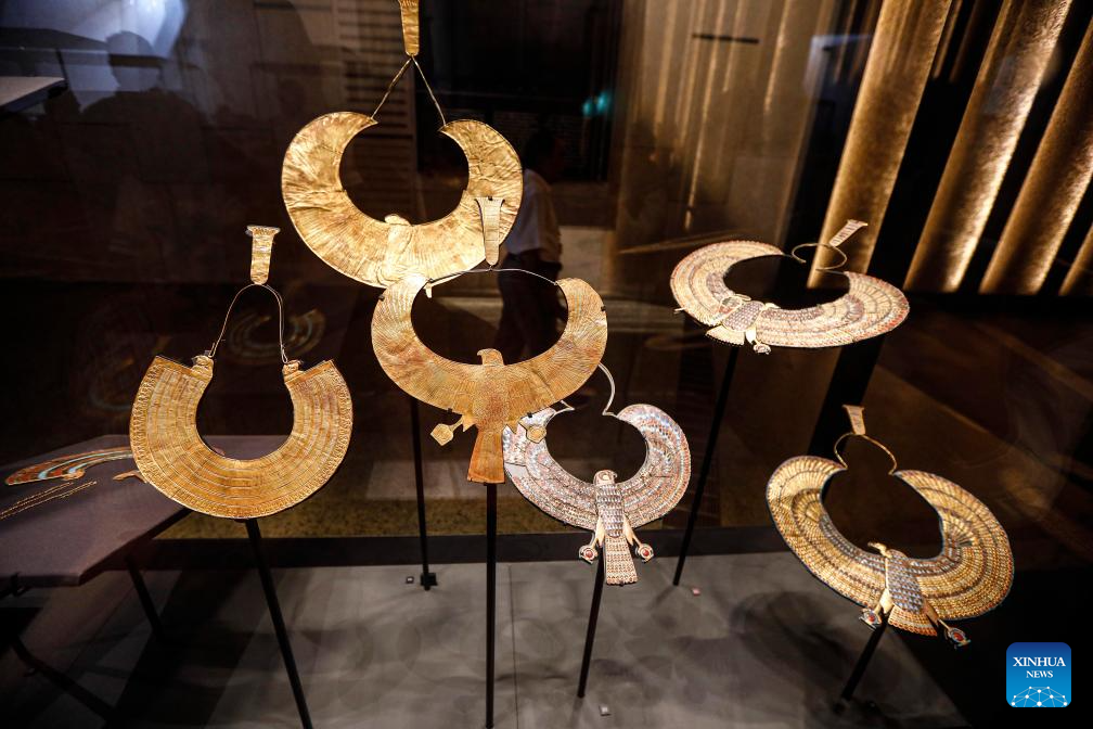 This photo taken on Nov. 4, 2025 shows exhibits at the King Tutankhamun exhibition hall of the Grand Egyptian Museum in Giza, Egypt. The Grand Egyptian Museum (GEM) , the world's largest museum dedicated to a single civilization, opened to the public on Tuesday. (Xinhua/Ahmed Gomaa)