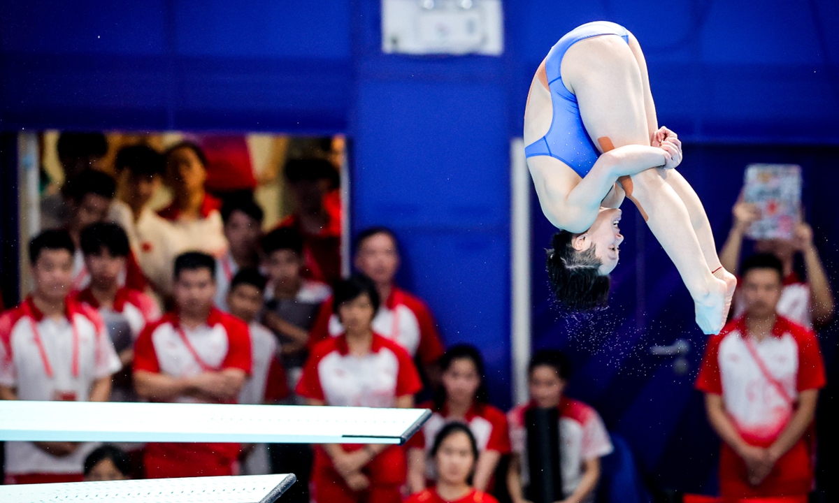Olympic champion Chen Yiwen competes in the women's 3-meter springboard diving competition at the National Games, representing Guangdong Province, in Guangzhou, Guangdong Province, on November 2, 2025. The opening ceremony of the National Games will be held on November 9 in Guangzhou. Photo: VCG