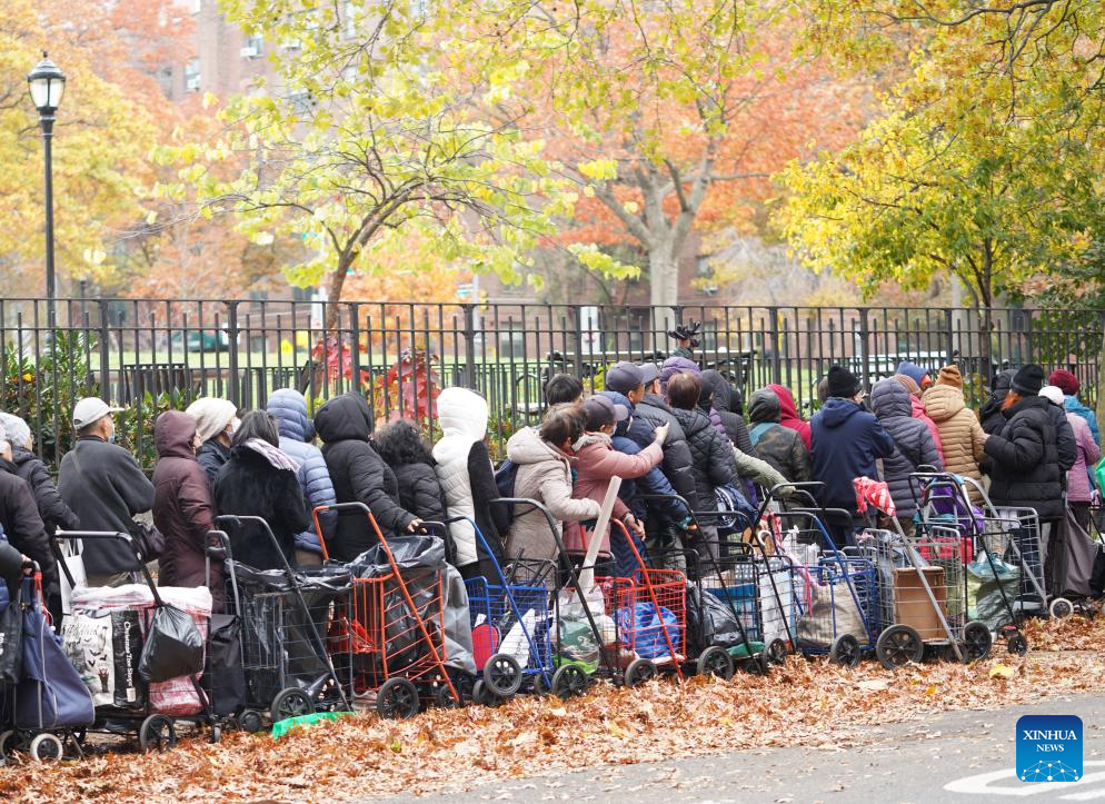 People line up to get free food items at a distribution station in New York, the United States, on Nov. 12, 2025. People received free food items from a distribution station of the Food Bank for New York city on Wednesday. (Xinhua/Zhang Fengguo)