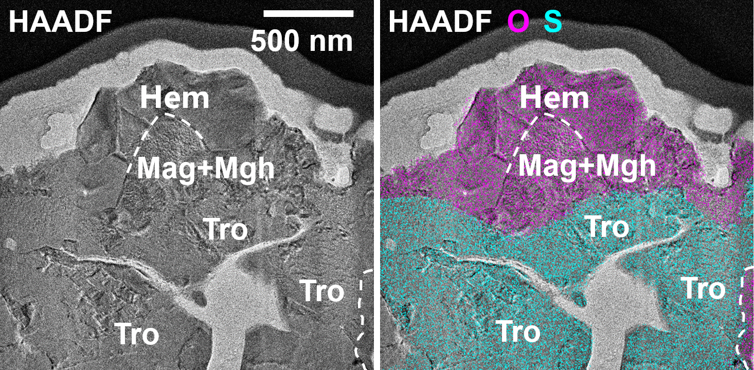 Left: Hematite grains imaged with a transmission electron microscope Right: Contact relationships between iron-oxide particles and troilite particles, distinguished by characteristic elements Photo: Courtesy of Shandong University 