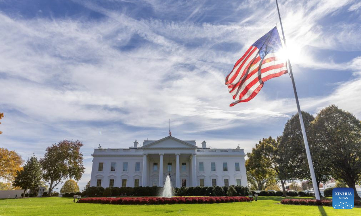 Photo taken on Nov. 4, 2025 shows the exterior of the White House, in Washington, D.C., the United States. The U.S. Senate on Tuesday again failed to pass a temporary funding bill, marking the 14th unsuccessful attempt, meaning the federal government shutdown is on track to surpass the 35-day record set during the 2018-2019 shutdown and become the longest in U.S. history. (Xinhua/Hu Yousong)