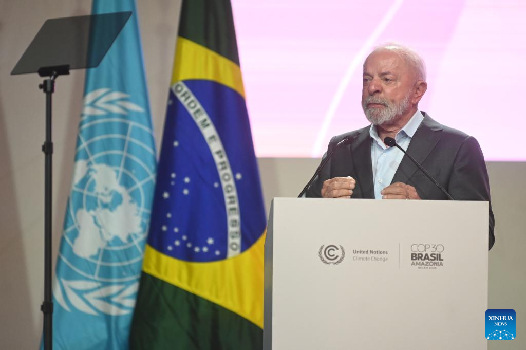Brazilian President Luiz Inacio Lula da Silva speaks during the opening ceremony of the 30th United Nations climate change conference in Belem, Brazil, Nov. 10, 2025. The 30th United Nations climate change conference, commonly known as COP30, opened Monday in Belem, in the Brazilian state of Para, with the aim of putting the fight against climate change back in the center of international priorities, according to local authorities. (Photo by Lucio Tavora/Xinhua)