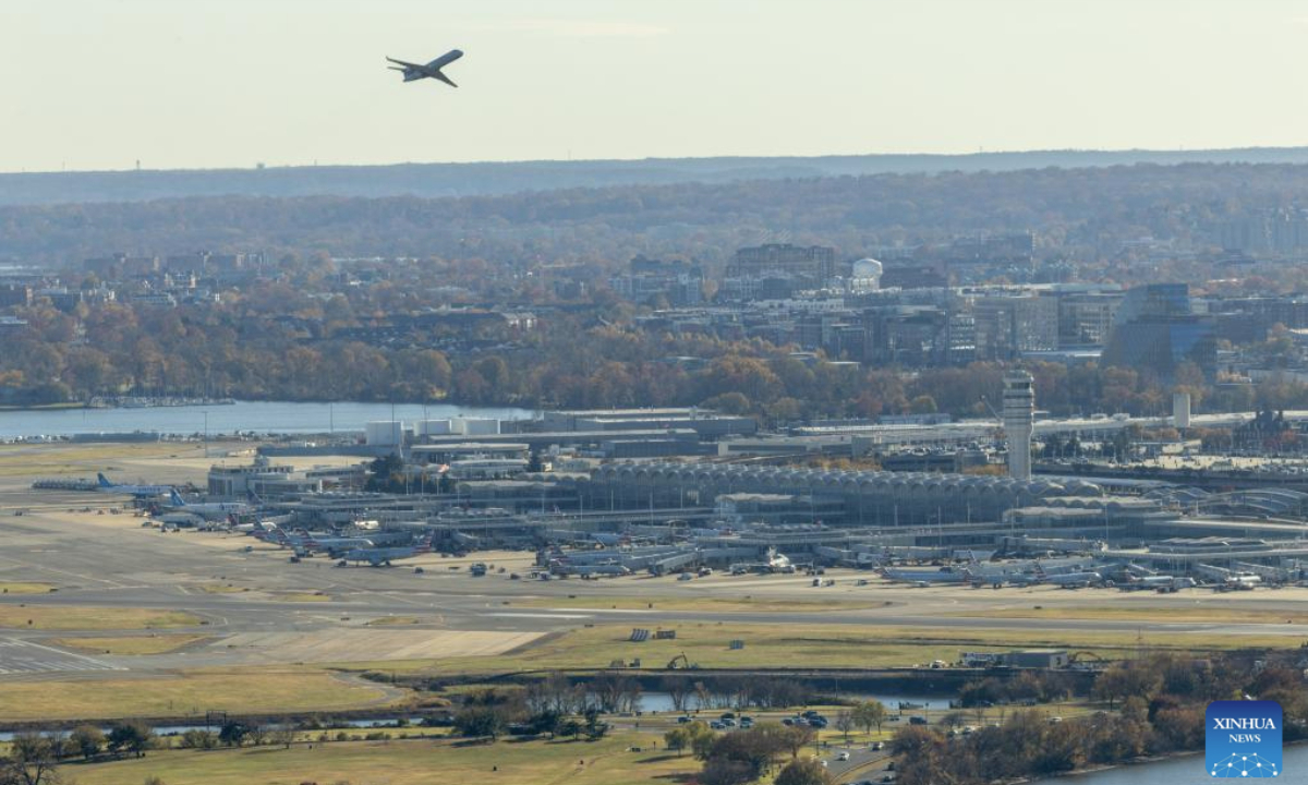 The photo taken from atop the Washington Monument on Nove. 17, 2025 shows Ronald Reagan Washington National Airport in Arlington, Virginia, the United States. (Xinhua/Hu Yousong)