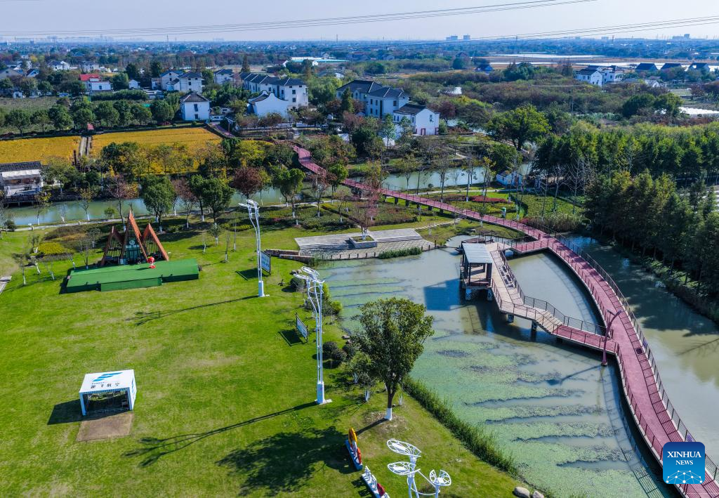 A drone photo taken on Nov. 18, 2025 shows a view of Lianfeng Village in Nanhu District, Jiaxing City, east China's Zhejiang Province. In Zhejiang, the birthplace of the landmark Green Rural Revival Program, rural transformation over the past 22 years has evolved from merely improving living conditions to delivering common prosperity while building beautiful villages. Jiaxing City in Zhejiang has been consistently implementing the program to promote rural revitalization. (Xinhua/Xu Yu)
