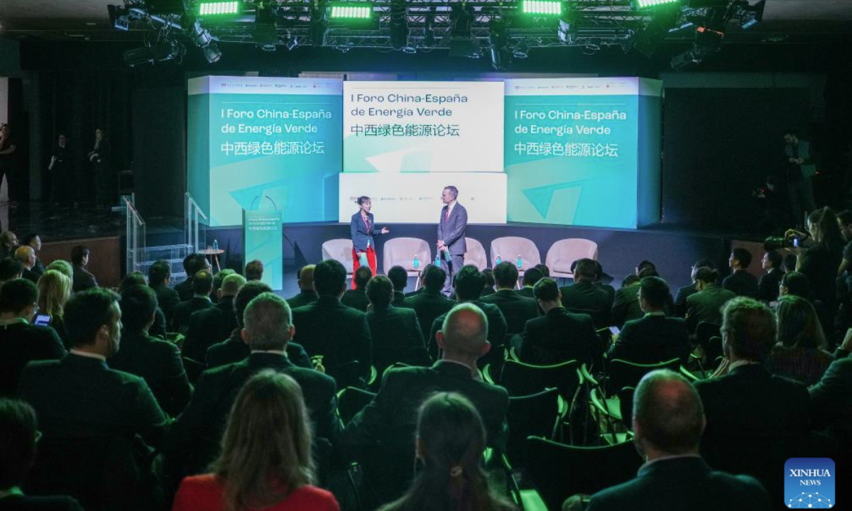 People attend the Spain-China Forum on Green Energy in Madrid, Spain, Nov. 25, 2025. The first Spain-China Forum on Green Energy was held Monday in the Spanish capital Madrid, bringing together around 300 representatives from government departments, industry associations, and leading energy companies from both countries to discuss deepening cooperation on the green transition. (Photo by Zhang Yuheng/Xinhua)