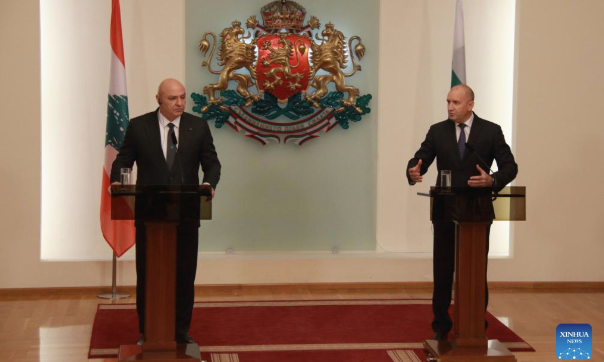 Bulgarian President Rumen Radev (R) speaks after meeting with visiting Lebanese President Joseph Aoun in Sofia, Bulgaria, Nov. 10, 2025. (Photo by Marian Draganov/Xinhua)