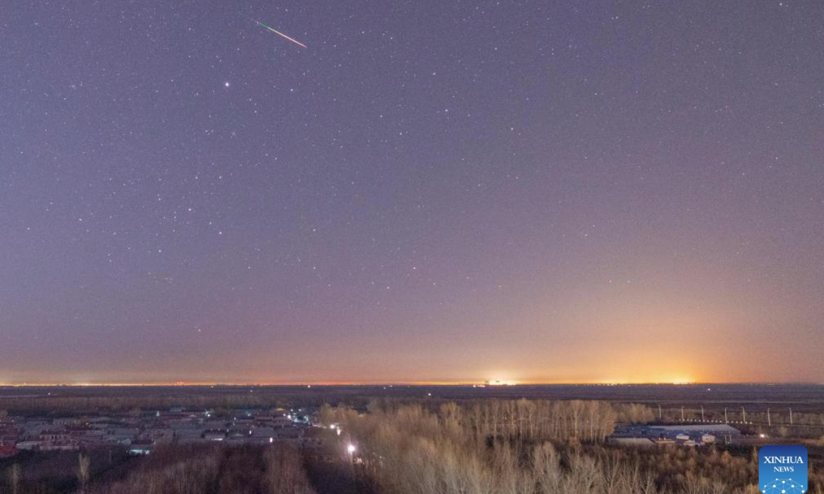 This photo taken on Nov. 18, 2025 shows the Leonid meteor shower seen in Harbin, northeast China's Heilongjiang Province. (Photo by Liu Dapeng/Xinhua)