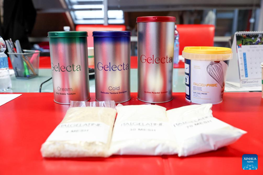 This photo taken on Oct. 30, 2025 shows products of Italgel in Cuneo, Italy. (Xinhua/Li Jing)