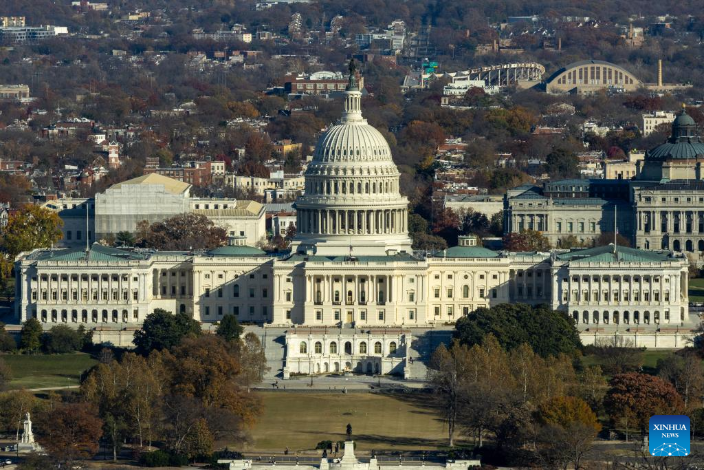 The photo taken from atop the Washington Monument on Nov. 17, 2025 shows U.S. Capitol building in Washington, D.C., the United States. (Xinhua/Hu Yousong)