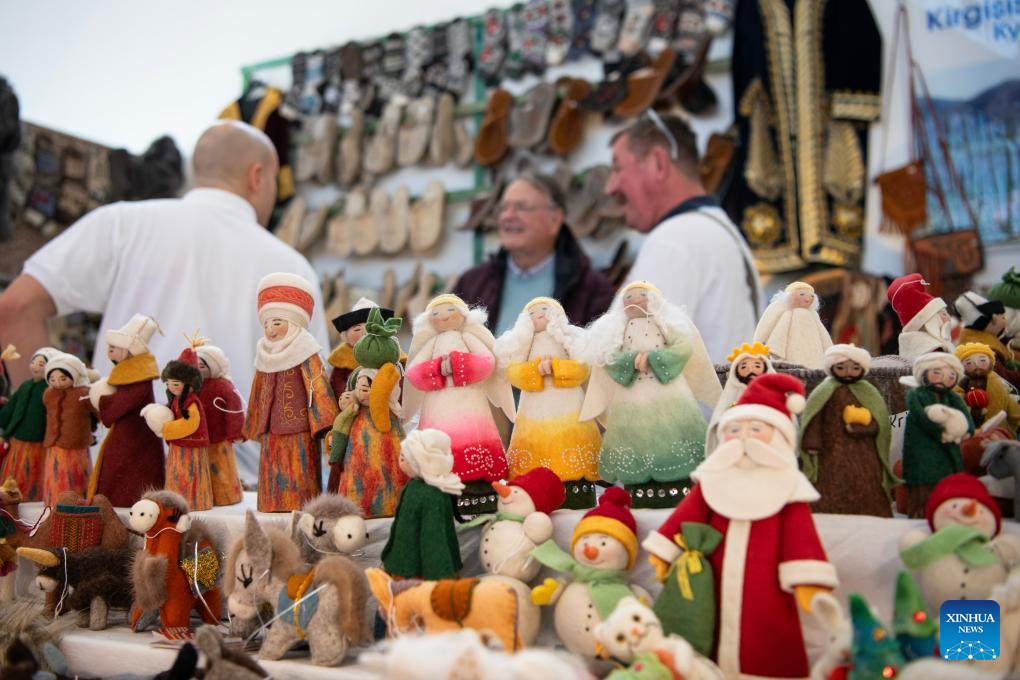 Handicrafts from Kyrgyzstan are pictured at Bazaar Berlin in Berlin, Germany, Nov. 5, 2025. This year's Bazaar Berlin opened at Messe Berlin on Wednesday and will last until Nov. 9. Around 500 manufacturers and traders from all over the world attended the event. (Xinhua/Zhang Haofu)