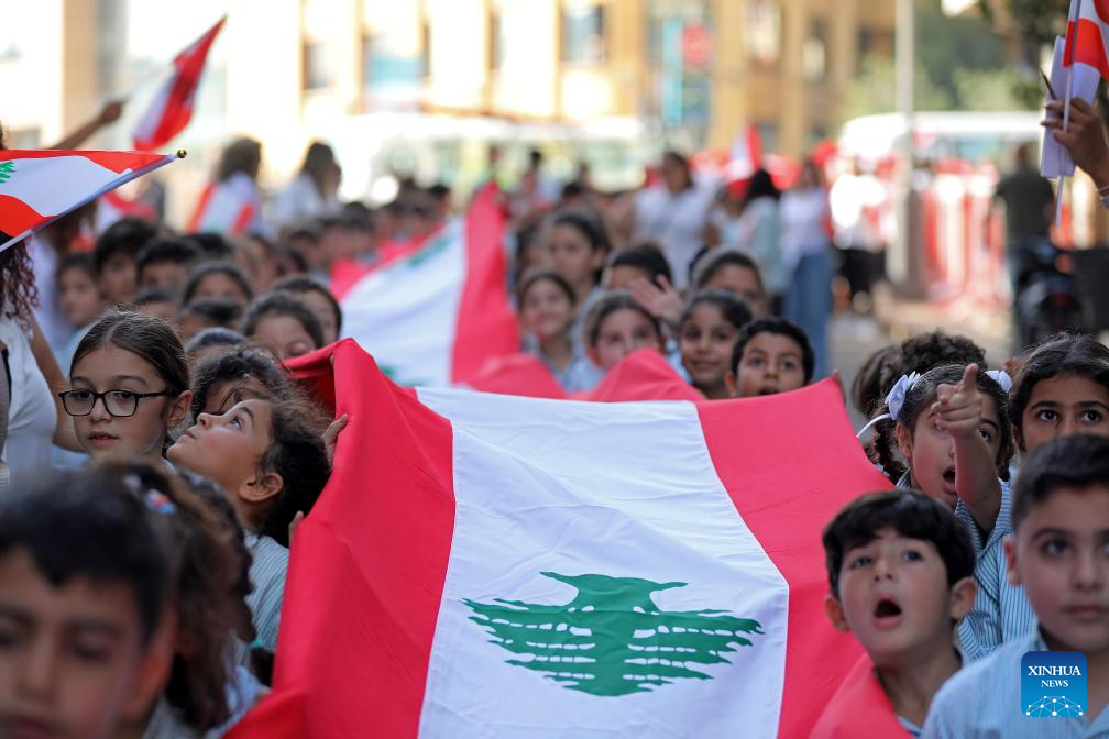 Students participate in a celebration event for Lebanon's upcoming Independence Day in downtown Beirut, Lebanon, Nov. 20, 2025. Lebanon's Independence Day falls on Nov. 22. (Xinhua/Bilal Jawich)