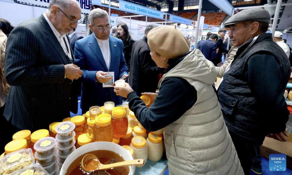 Exhibitors show their products to visitors at the international exhibition Kyrgyzstan Expo 2025 in Bishkek, Kyrgyzstan, Nov. 13, 2025. (Photo by Roman/Xinhua)