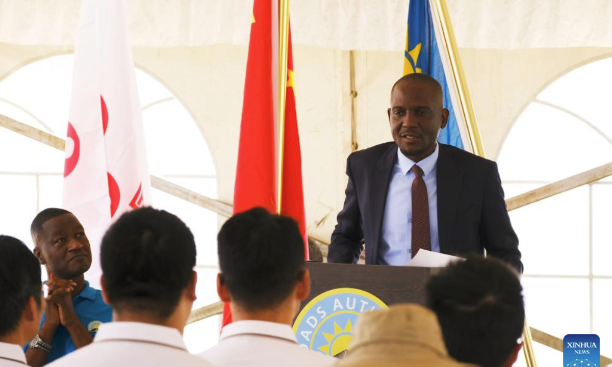 Veikko Nekundi, Namibia's Minister of Works and Transport, delivers a speech during the inauguration ceremony of the Chinese-aided Dr. Hage G. Geingob Freeway in Windhoek, Namibia, Nov. 10, 2025. Namibia officially inaugurated the Dr. Hage G. Geingob Freeway on Monday in the capital, Windhoek, marking the completion of a landmark infrastructure project set to transform regional transport and boost economic development. (Xinhua/Lin Jing)