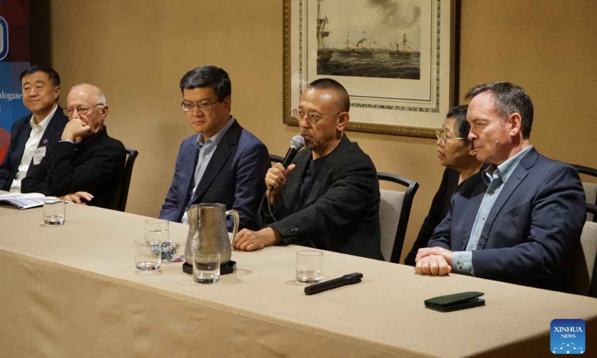 Chinese director, screenwriter and actor Jiang Wen (3rd R) speaks at the 2025 U.S.-China People's Dialogue held at the Huntington Library, Art Museum, and Botanical Gardens in Los Angeles, California, the United States, Nov. 16, 2025. The 2025 U.S.-China People's Dialogue opened here on Sunday with participants underscoring the essential role of people-to-people exchanges in fostering stable bilateral relations. (Photo by Zeng Hui/Xinhua)
