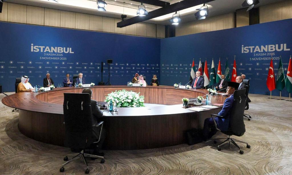 Foreign ministers from seven countries hold a meeting on Gaza ceasefire in Istanbul, Türkiye, Nov. 3, 2025. Foreign ministers from seven countries met in Istanbul on Monday to discuss efforts to uphold the Gaza ceasefire and plan for the enclave's future, as Israeli strikes continued despite the truce. Turkish Foreign Minister Hakan Fidan hosted his counterparts from the United Arab Emirates, Indonesia, Qatar, Pakistan, Saudi Arabia and Jordan. (Ministry of Foreign Affairs of Türkiye/Handout via Xinhua)