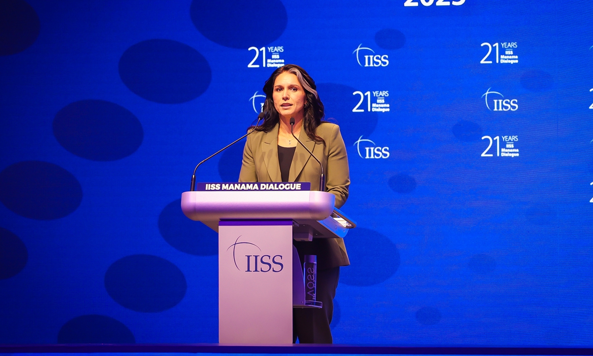 Caption: US National Intelligence Director Tulsi Gabbard speaks during the Manama Dialogue conference in Manama, Bahrain on October 31, 2025. Photo: VCG
