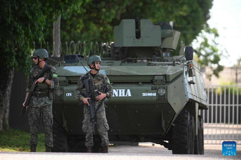 Army personnel patrol the area for the upcoming 30th UN Climate Change Conference (COP30) in Belem, Brazil, Nov. 4, 2025. The COP30 will take place in the Amazon city of Belem from Nov. 10 to 21. (Photo by Lucio Tavora/Xinhua)