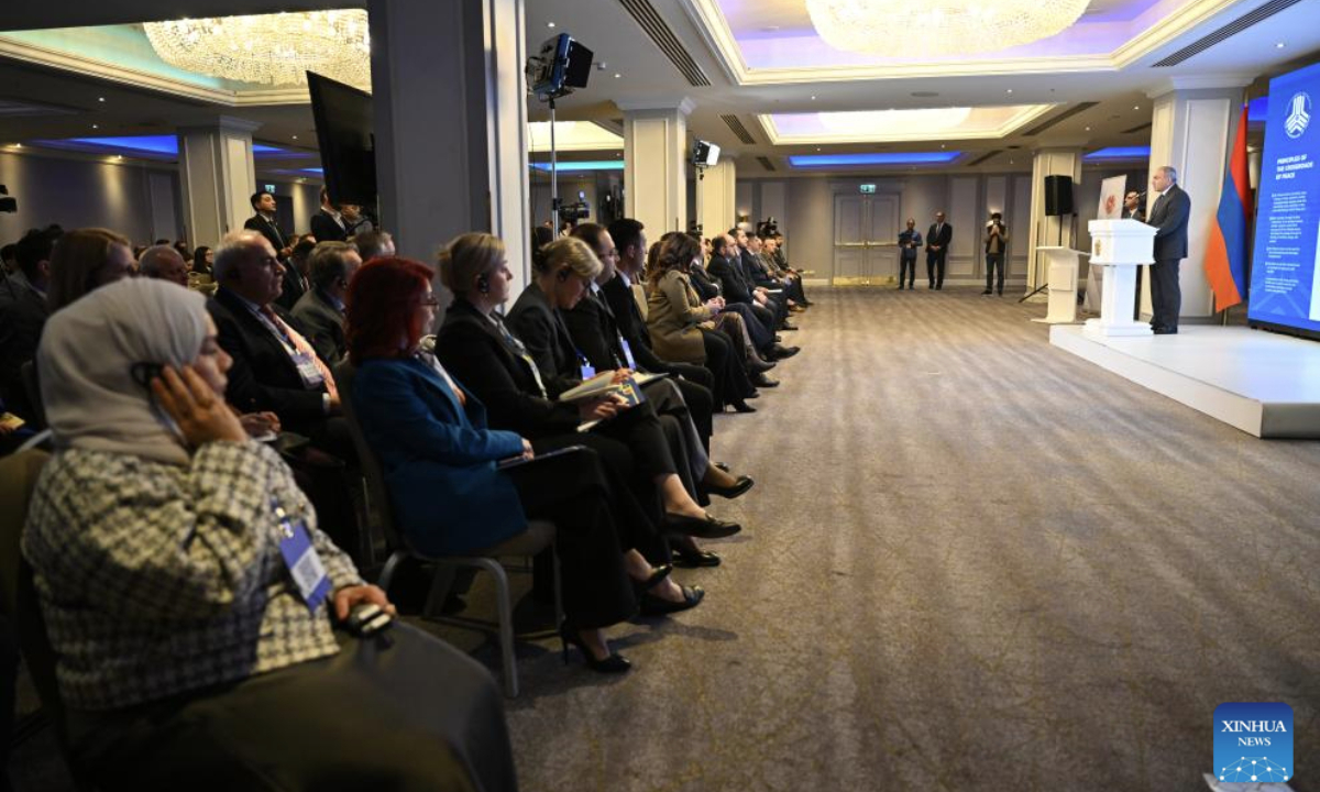 This photo taken on Nov. 4, 2025 shows the Orbeli Forum 2025 in Yerevan, Armenia. The strategic partnership agreement signed between Armenia and China marks a new level in relations between the two countries, Armenian Prime Minister Nikol Pashinyan said on Tuesday. (Armenian state news agency Armenpress/Handout via Xinhua)