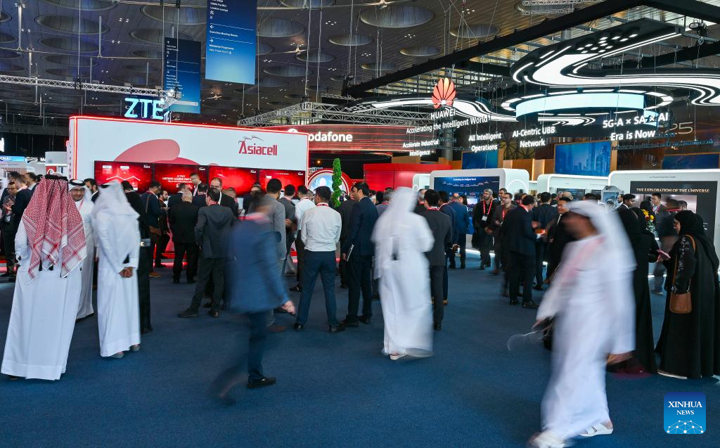 This photo taken on Nov. 25, 2025 shows a view of the MWC25 Doha in Doha, Qatar. MWC25 Doha, the first-ever MWC Series event held in the Middle East and North Africa, takes place from Nov. 25 to Nov. 26 in Doha. (Photo by Nikku/Xinhua)