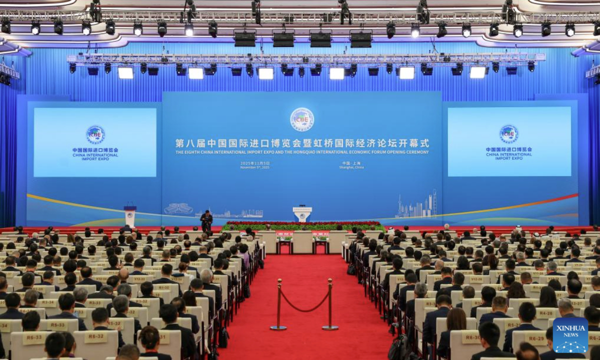 This photo taken on Nov. 5, 2025 shows a scene at the opening ceremony of the eighth China International Import Expo (CIIE) and the Hongqiao International Economic Forum in Shanghai, east China. The eighth CIIE and Hongqiao International Economic Forum opened here on Wednesday. (Xinhua/Wang Zecong)