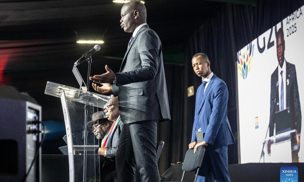South African International Relations and Cooperation Minister Ronald Lamola (2nd R) speaks during a press conference on preparations ahead of Saturday's Group of 20 (G20) Leaders' Summit in Johannesburg, South Africa, Nov. 17, 2025. (Photo by Shiraaz Mohamed/Xinhua)
