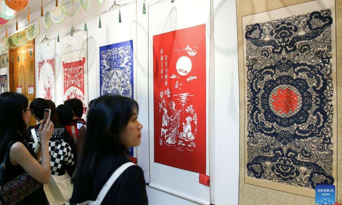Photo taken on Nov. 5, 2025 shows traditional Chinese paper-cutting artworks at the China Cultural Center in Yangon, Myanmar. A traditional Chinese paper-cutting exhibition was held at the China Cultural Center in Yangon on Wednesday. (Xinhua/Myo Kyaw Soe)
