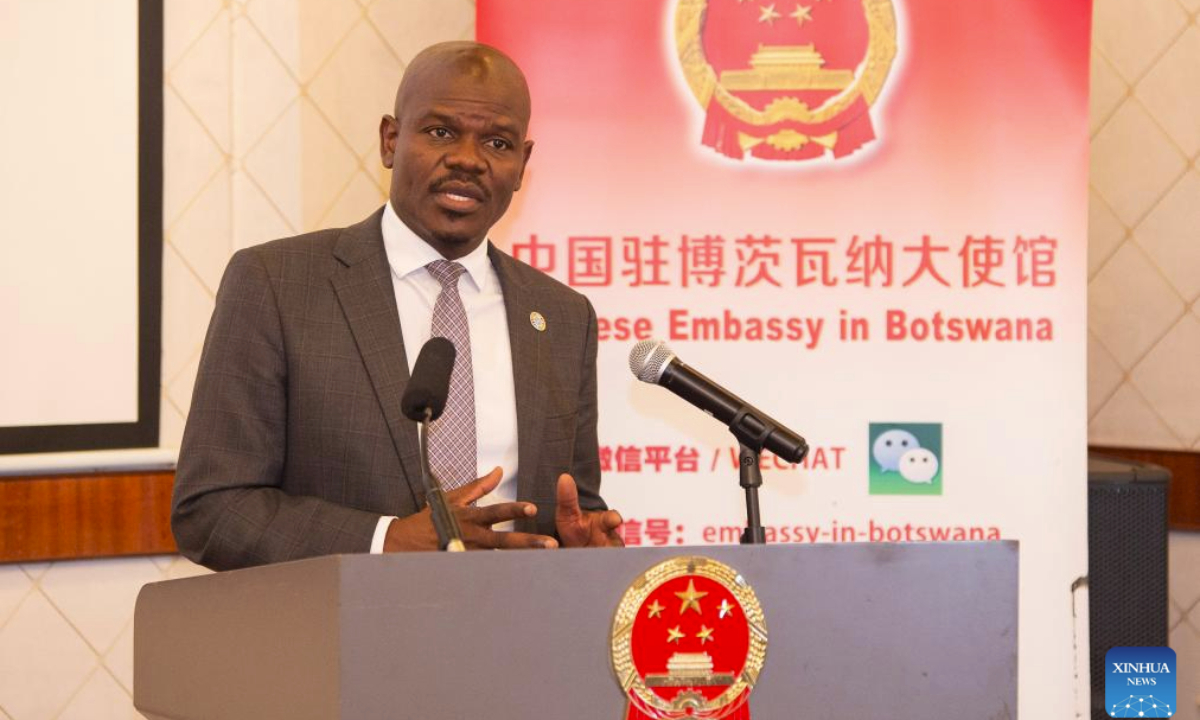 Gaborone City Mayor Oarabile Motlaleng speaks at the event of Dialogue between Chinese Ambassador and Gaborone City Mayor held at the Chinese Embassy in Gaborone, Botswana, Nov. 21, 2025. Motlaleng on Friday hailed China's rapid development in the sectors of infrastructure, environmental protection, and solar energy, vowing to strengthen bilateral cooperation for mutual benefits. (Photo by Tshekiso Tebalo/Xinhua)