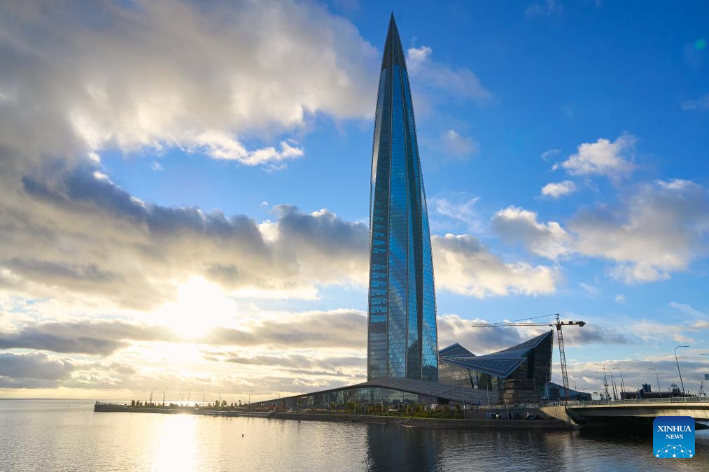 This photo taken on Nov. 4, 2025 shows the Lakhta Center in St. Petersburg, Russia. The Lakhta Center is located in St. Petersburg, Russia. With a height of 462 meters, it ranks as the tallest building in Russia. (Photo by Guo Feizhou/Xinhua)