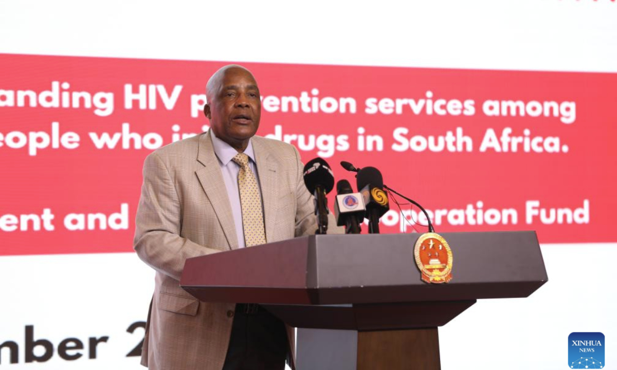 South African Health Minister Aaron Motsoaledi speaks during the Launch of HIV Prevention Project in Johannesburg, South Africa, Nov. 20, 2025. To tackle HIV/AIDS in South Africa, China, through the China Global Development and South-South Cooperation Fund, has announced a two-year funding commitment of 3.49 million U.S. dollars. (Xinhua/Chen Wei)