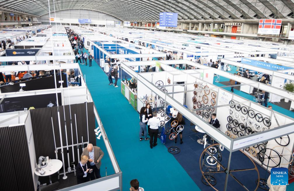 People visit the Metstrade trade show at RAI convention center in Amsterdam, the Netherlands, Nov. 18, 2025. The annual Metstrade, a marine equipment trade show, was held in Amsterdam from Tuesday to Thursday. (Photo by Sylvia Lederer/Xinhua)
