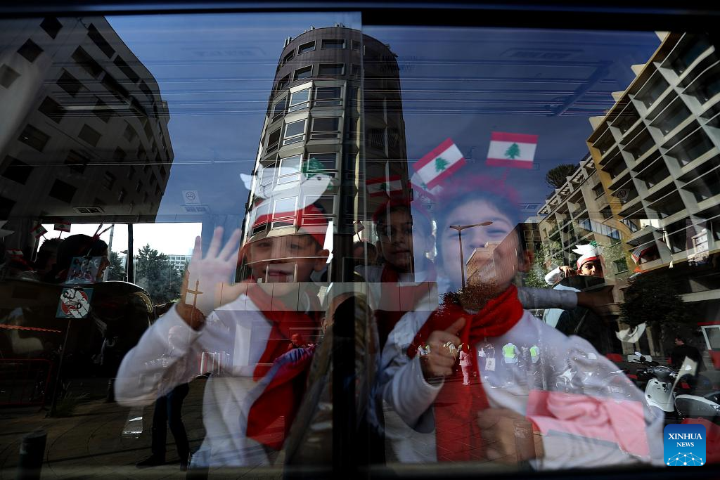 Children participate in a celebration event for Lebanon's upcoming Independence Day in downtown Beirut, Lebanon, Nov. 20, 2025. Lebanon's Independence Day falls on Nov. 22. (Xinhua/Bilal Jawich)