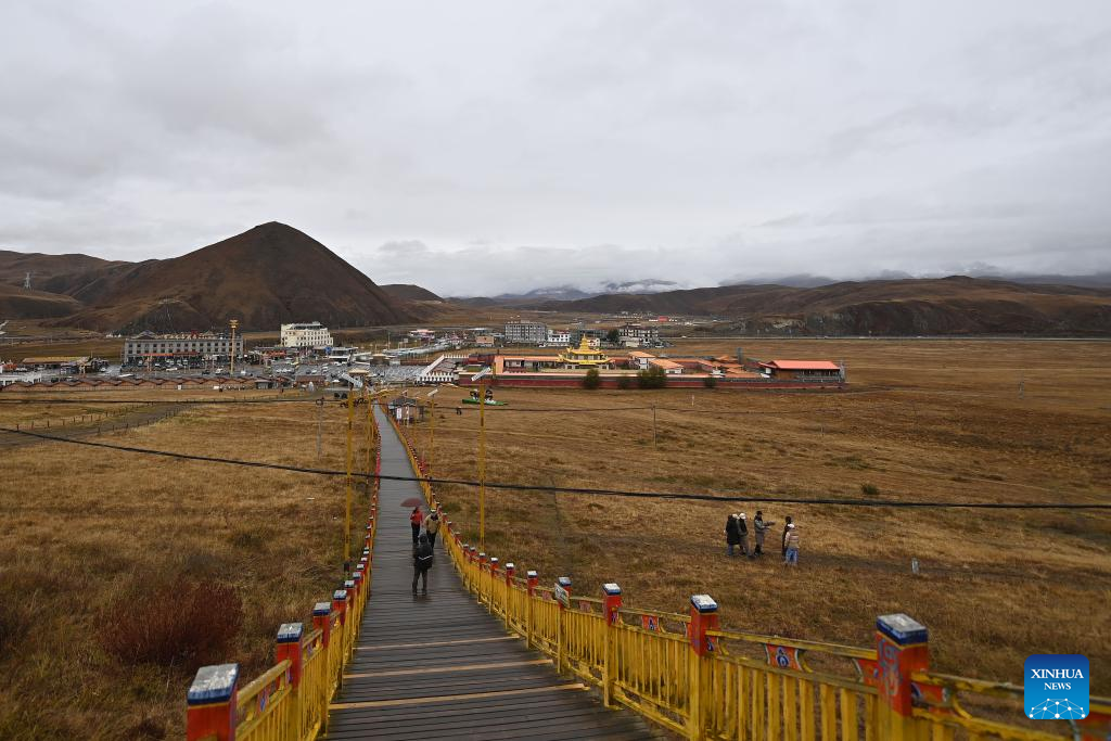 People visit a grassland scenic spot in Kangding City, Ganzi Tibetan Autonomous Prefecture, southwest China's Sichuan Province, Oct. 31, 2025. In recent years, Ganzi Tibetan Autonomous Prefecture has leveraged its natural scenic advantages to develop its cultural and tourism industry. From January to October this year, the prefecture has received over 40 million tourist trips, setting a new record for the same period. (Xinhua/Xiao Xiao)