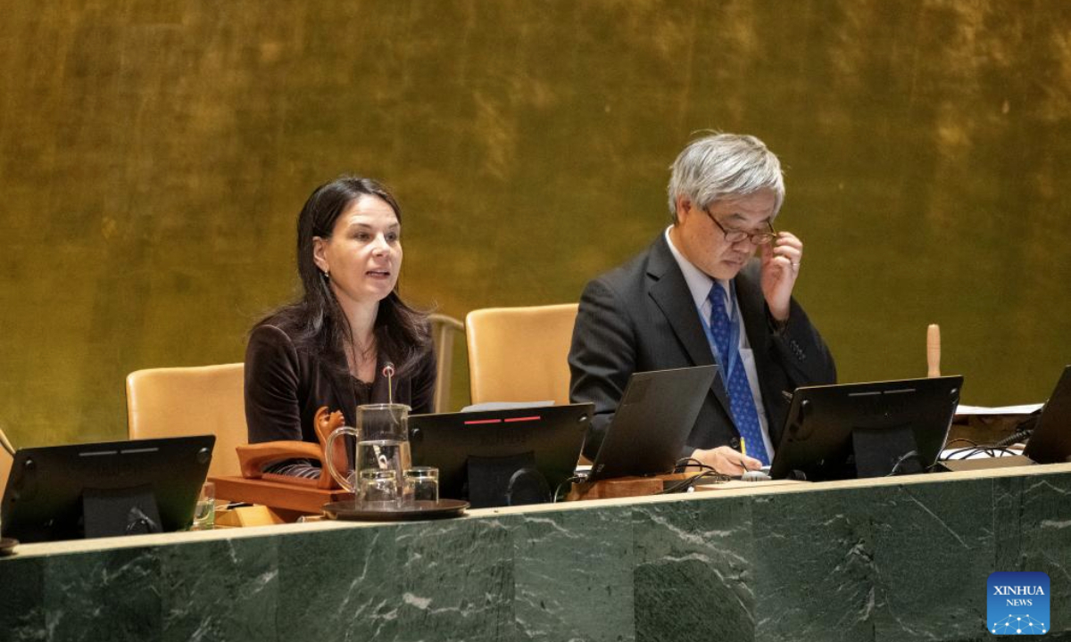 UN General Assembly President Annalena Baerbock (L) presides over a General Assembly meeting to elect a judge for the International Court of Justice at the UN headquarters in New York, Nov. 12, 2025. Kenyan jurist Phoebe Okowa was elected a judge of the International Court of Justice (ICJ) on Wednesday to fill the seat vacated by Somalia's Abdulqawi Yusuf, who resigned effective Sept. 30. Under the ICJ's Statute, judges are elected by secret ballot in both the Security Council and the General Assembly. (Evan Schneider/UN Photo/Handout via Xinhua)