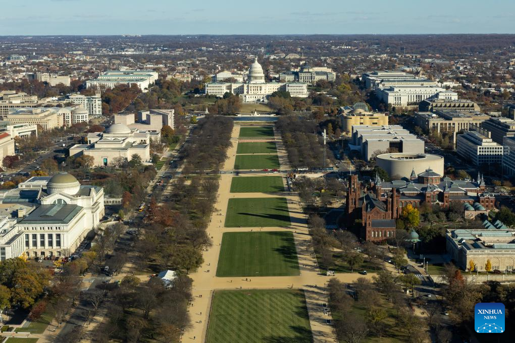 The photo taken from atop the Washington Monument shows the overview of Washington, D.C., the United States, on Nov. 17, 2025. (Xinhua/Hu Yousong)
