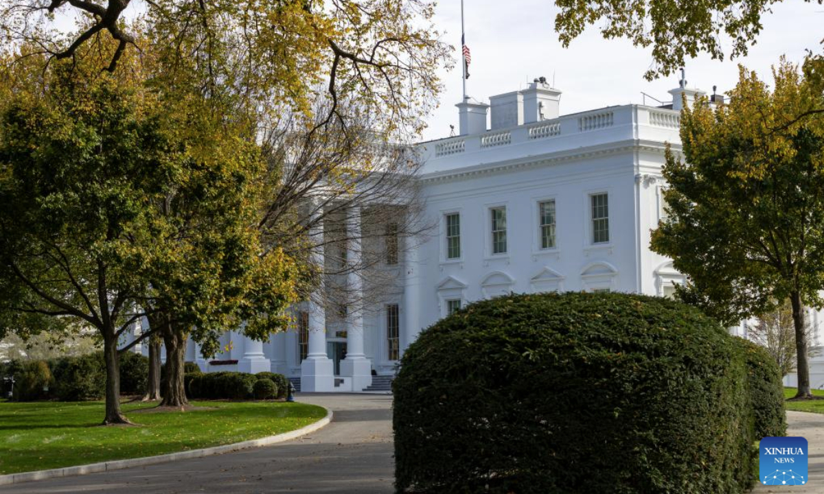 Photo taken on Nov. 4, 2025 shows the exterior of the White House, in Washington, D.C., the United States. The U.S. Senate on Tuesday again failed to pass a temporary funding bill, marking the 14th unsuccessful attempt, meaning the federal government shutdown is on track to surpass the 35-day record set during the 2018-2019 shutdown and become the longest in U.S. history. (Xinhua/Hu Yousong)
