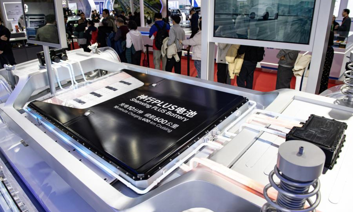 This photo taken on Nov. 28, 2024 shows the Shenxing PLUS battery at the booth of Contemporary Amperex Technology Co., Ltd. (CATL) at the second China International Supply Chain Expo in Beijing, capital of China. (Xinhua/Chen Zhonghao)