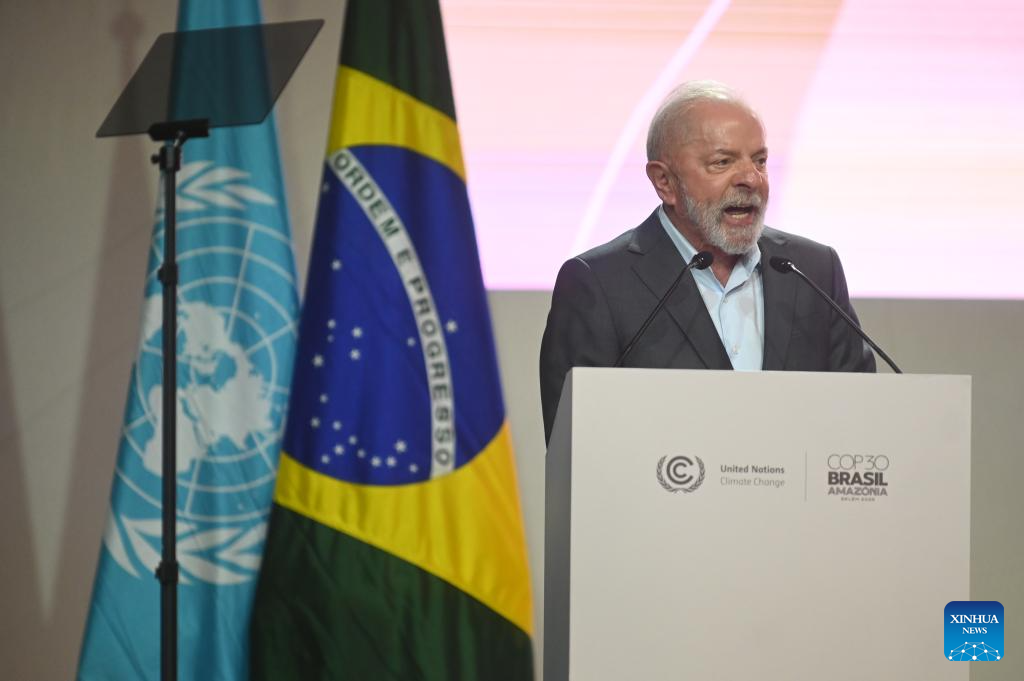 Brazilian President Luiz Inacio Lula da Silva speaks during the opening ceremony of the 30th United Nations climate change conference in Belem, Brazil, Nov. 10, 2025. The 30th United Nations climate change conference, commonly known as COP30, opened Monday in Belem, in the Brazilian state of Para, with the aim of putting the fight against climate change back in the center of international priorities, according to local authorities. (Photo by Lucio Tavora/Xinhua)