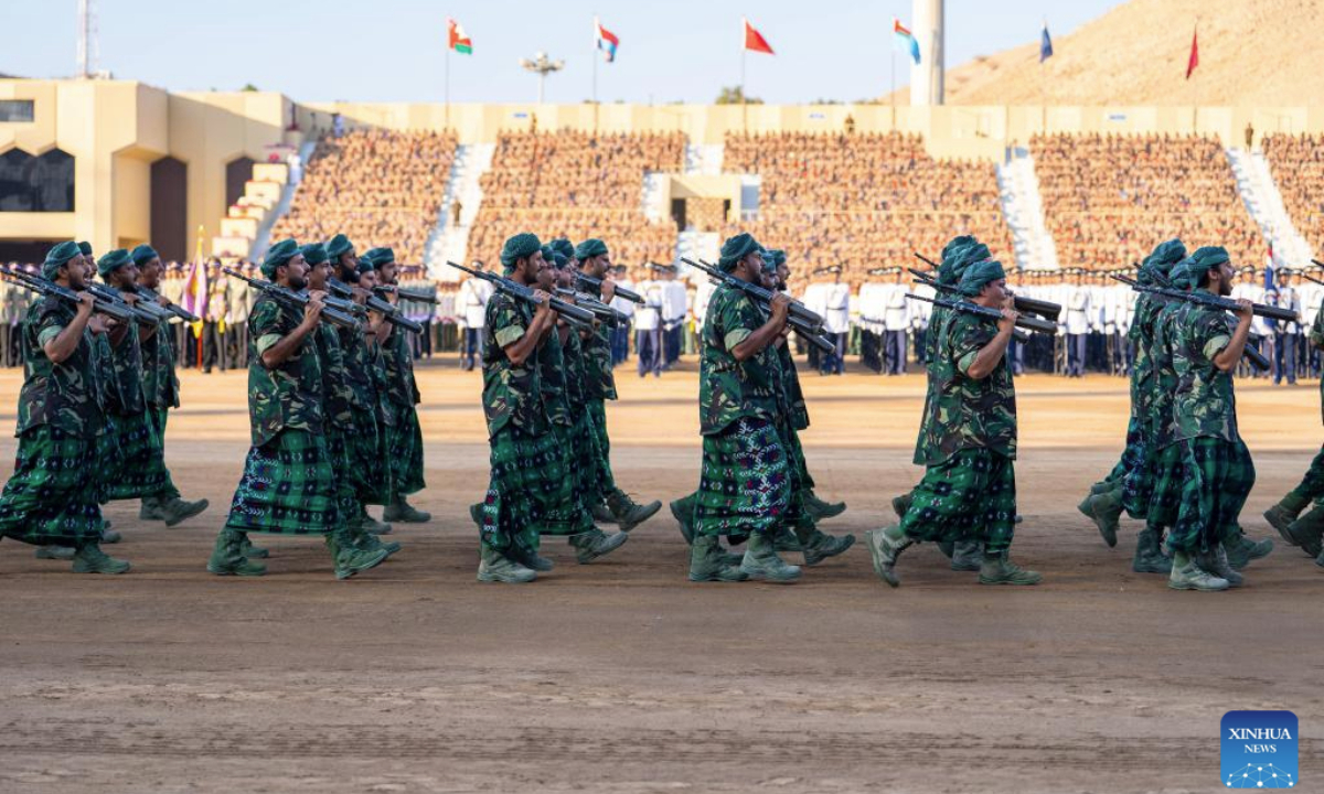 This photo taken on Nov. 20, 2025 shows a scene of a military parade marking Oman's National Day in Muscat, Oman. (Ministry of Information in Oman/Handout via Xinhua)