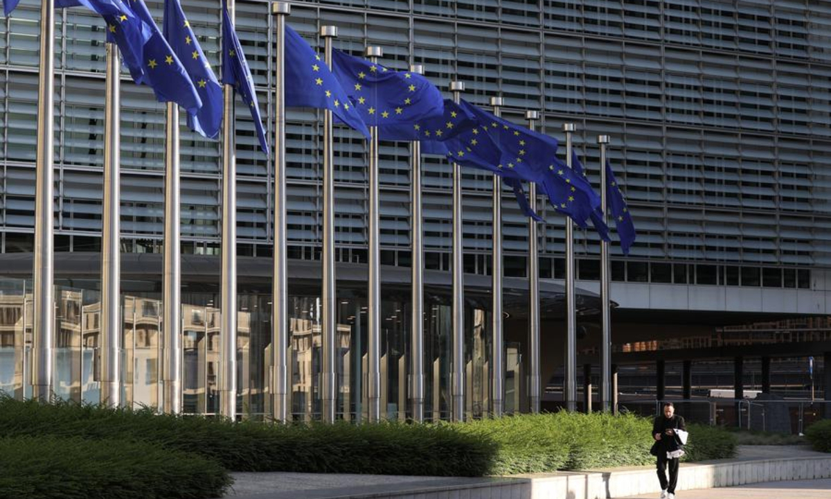 Photo taken on May 23, 2025 shows European Union flags at the European Commission headquarters in Brussels, Belgium. (Xinhua/Zhao Dingzhe)