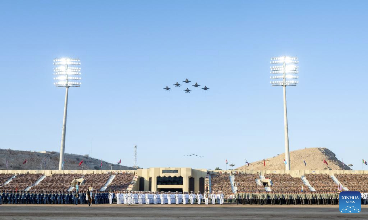 This photo taken on Nov. 20, 2025 shows a scene of a military parade marking Oman's National Day in Muscat, Oman. (Ministry of Information in Oman/Handout via Xinhua)